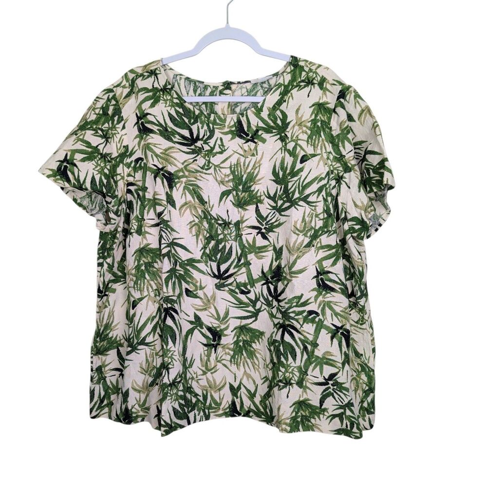 J Jill Bamboo Leaf Print Button Back Linen Top Blouse Size 2X
